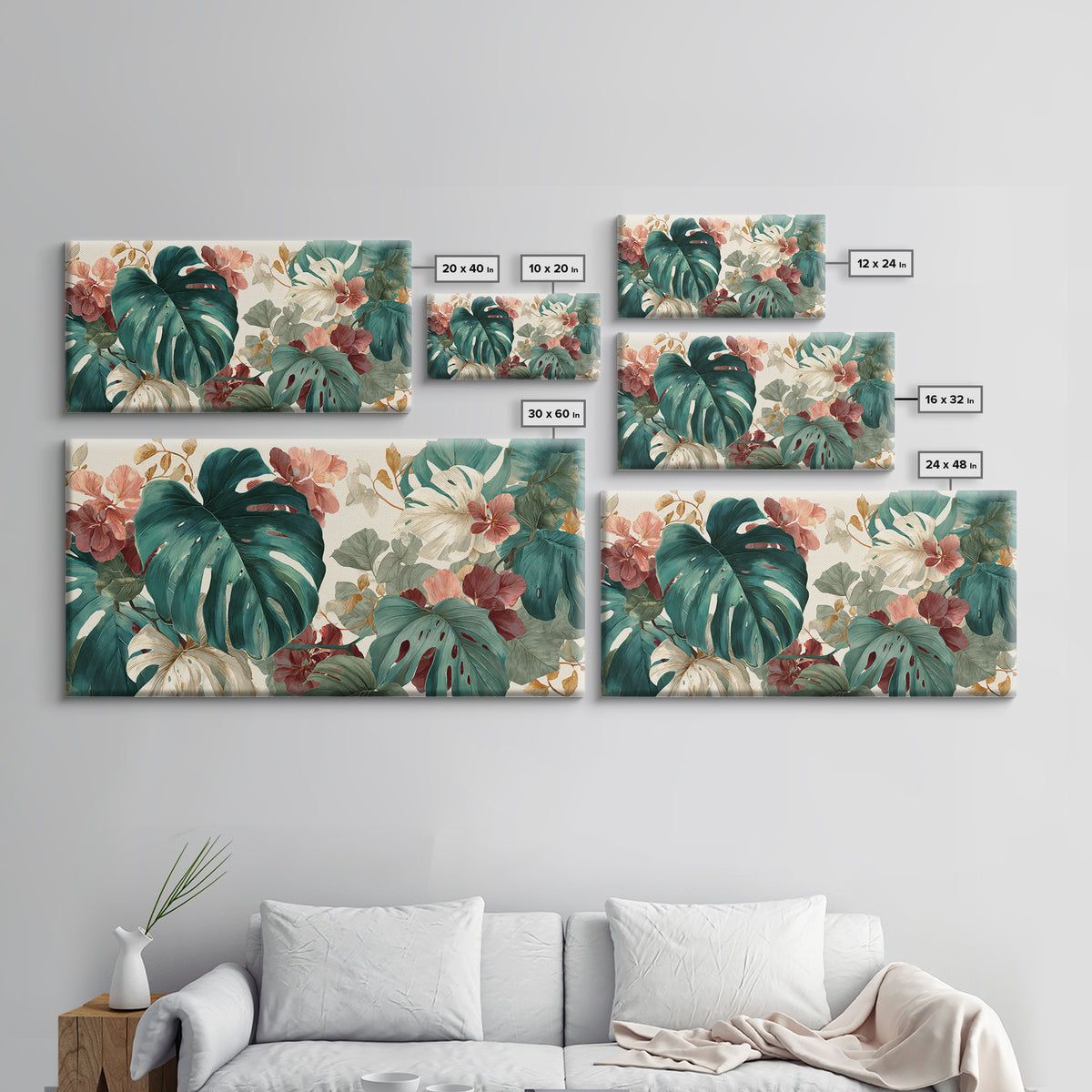 Lush Monstera Leaves Framed Canvas Print, Tropical Art, Pink Wall Art, Living Room Decor, Fine Art, Tropic, Coastal Art, TRO-2x1-45