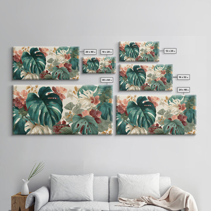 Lush Monstera Leaves Framed Canvas Print, Tropical Art, Pink Wall Art, Living Room Decor, Fine Art, Tropic, Coastal Art, TRO-2x1-45
