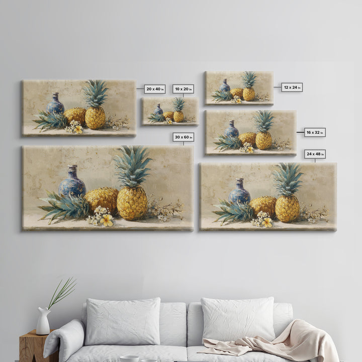 Pineapple and Palm Still Life Framed Canvas Print, Tropical Art, Decor, Living Room Decor, Fine Art, Tropic, Bird Art, TRO-2x1-50