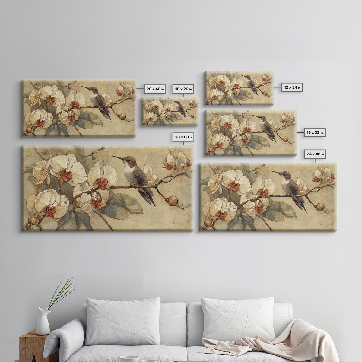 Orchid and Hummingbird Composition Canvas Print, Tropical Art, Digital Prints, Living Room Decor, Tropic 154, Set of Prints, TRO-2x1-54