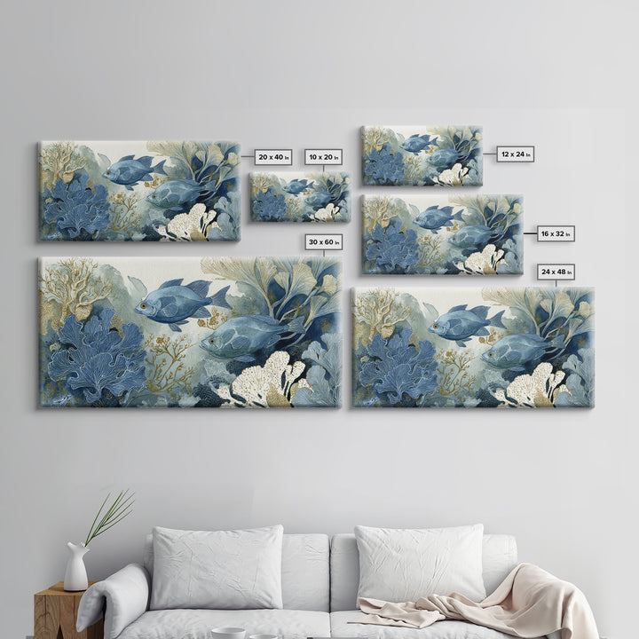Tropical Fish over Coral Reef Framed Canvas Print, Tropical Art, Set of 3 Prints, Living Room Decor, Fine Art, Tropic, TRO-2x1-55