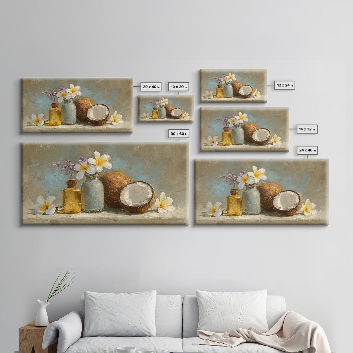 Coconut and Plumeria Still Life Framed Canvas Print, Tropical Art, Art Print, Living Room Decor, Tropic, Abstract Painting, TRO-2x1-56