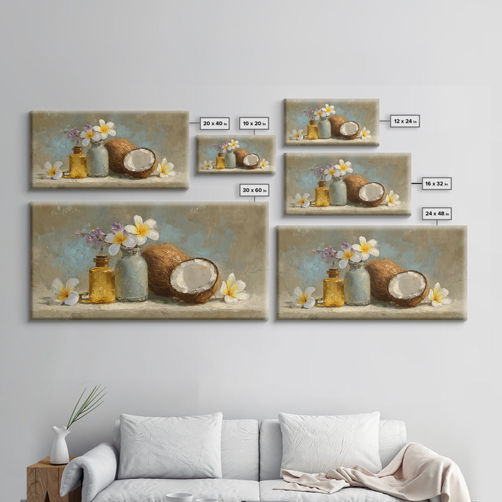Coconut and Plumeria Still Life Framed Canvas Print, Tropical Art, Art Print, Living Room Decor, Tropic, Abstract Painting, TRO-2x1-56