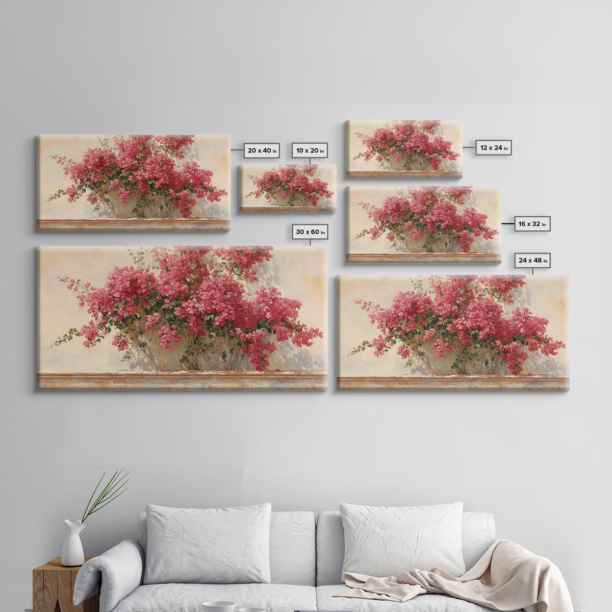 Pink Bougainvillea over White Wall Framed Canvas Print, Tropical Art, Digital Art, Living Room Decor, Oil Painting, Tropic, TRO-2x1-60