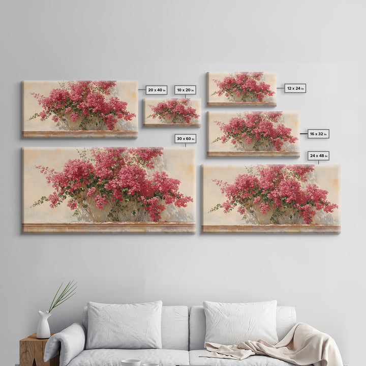 Pink Bougainvillea over White Wall Framed Canvas Print, Tropical Art, Digital Art, Living Room Decor, Oil Painting, Tropic, TRO-2x1-60