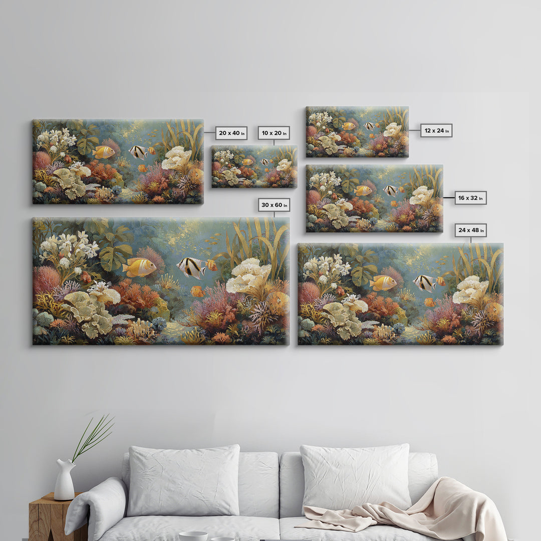 Tropical Fish over Coral Reef Framed Canvas Print, Tropical Art, Whimsical Art, Living Room Decor, Fine Art, Tropic, TRO-2x1-79