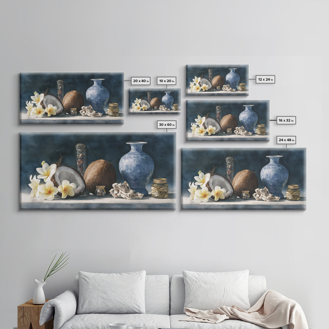 Coconut and Plumeria Still Life Framed Canvas Print, Tropical Art, Coastal Wall Art, Living Room Decor, Fine Art, Tropic, TRO-2x1-80
