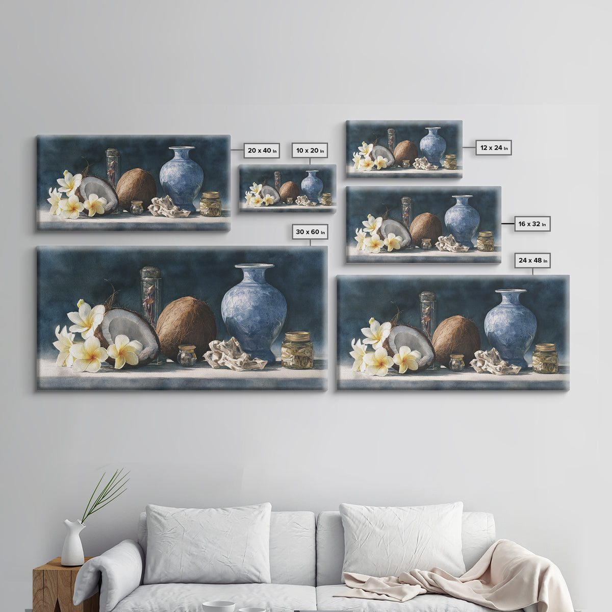 Coconut and Plumeria Still Life Framed Canvas Print, Tropical Art, Coastal Wall Art, Living Room Decor, Fine Art, Tropic, TRO-2x1-80