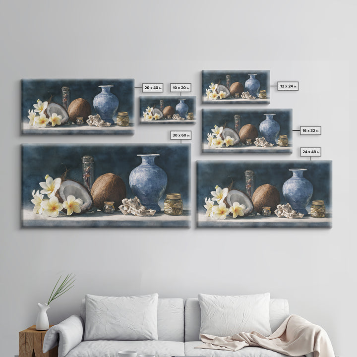 Coconut and Plumeria Still Life Framed Canvas Print, Tropical Art, Coastal Wall Art, Living Room Decor, Fine Art, Tropic, TRO-2x1-80