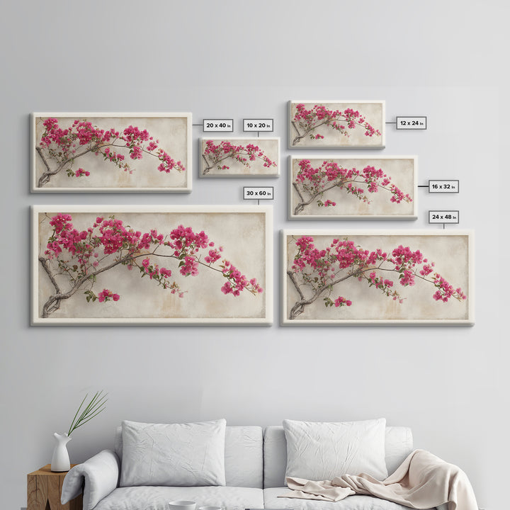 Pink Bougainvillea over White Wall Framed Canvas Print, Tropical Art, Abstract Painting, Living Room Decor, Fine Art, Tropic, TRO-2x1-84