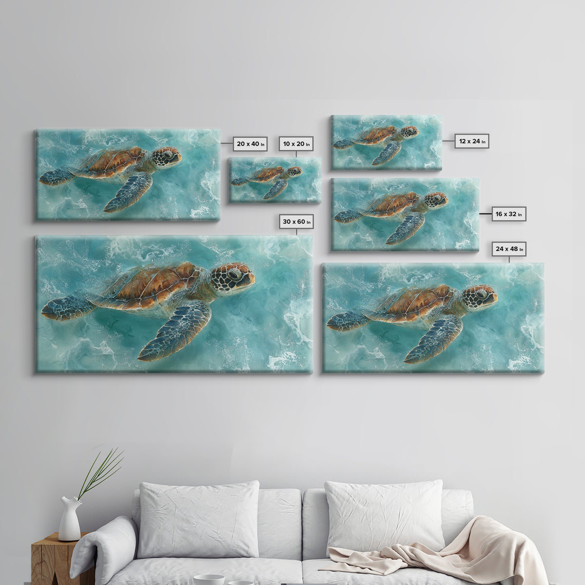 Sea Turtle Near Tropical Reef Framed Canvas Print, Tropical Art, Trendy Wall Art, Living Room Decor, Fine Art, Tropic, TRO-2x1-87