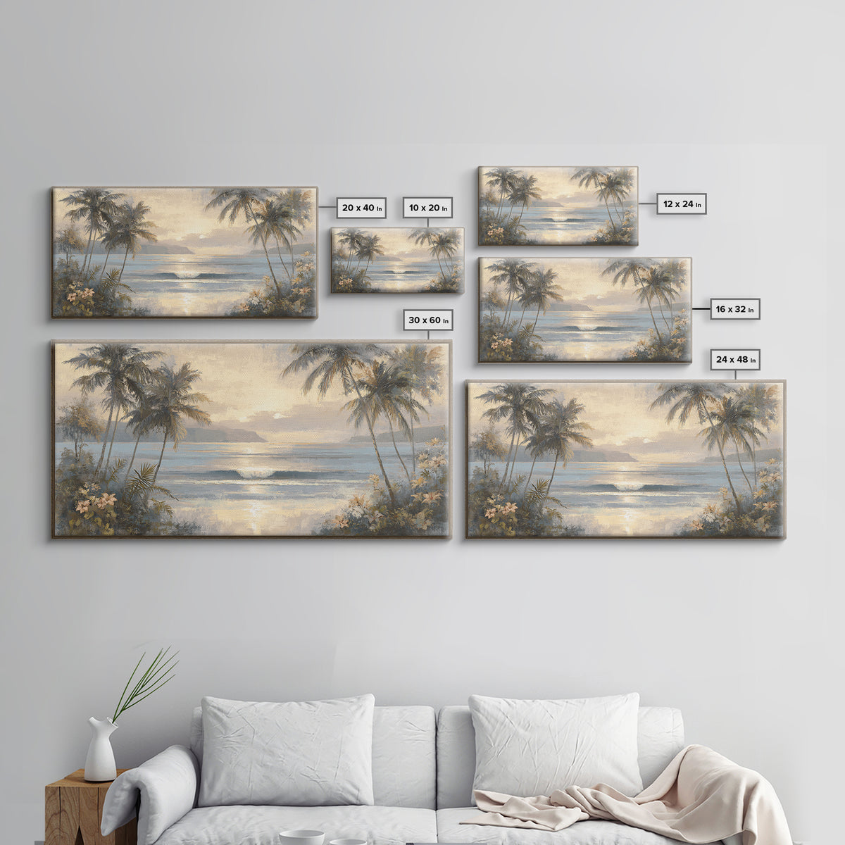 Sunset Surf Scene Framed Canvas Print, Tropical Art, Digital Art, Living Room Decor, Oil Painting, Tropic, Watercolor Art, TRO-2x1-90