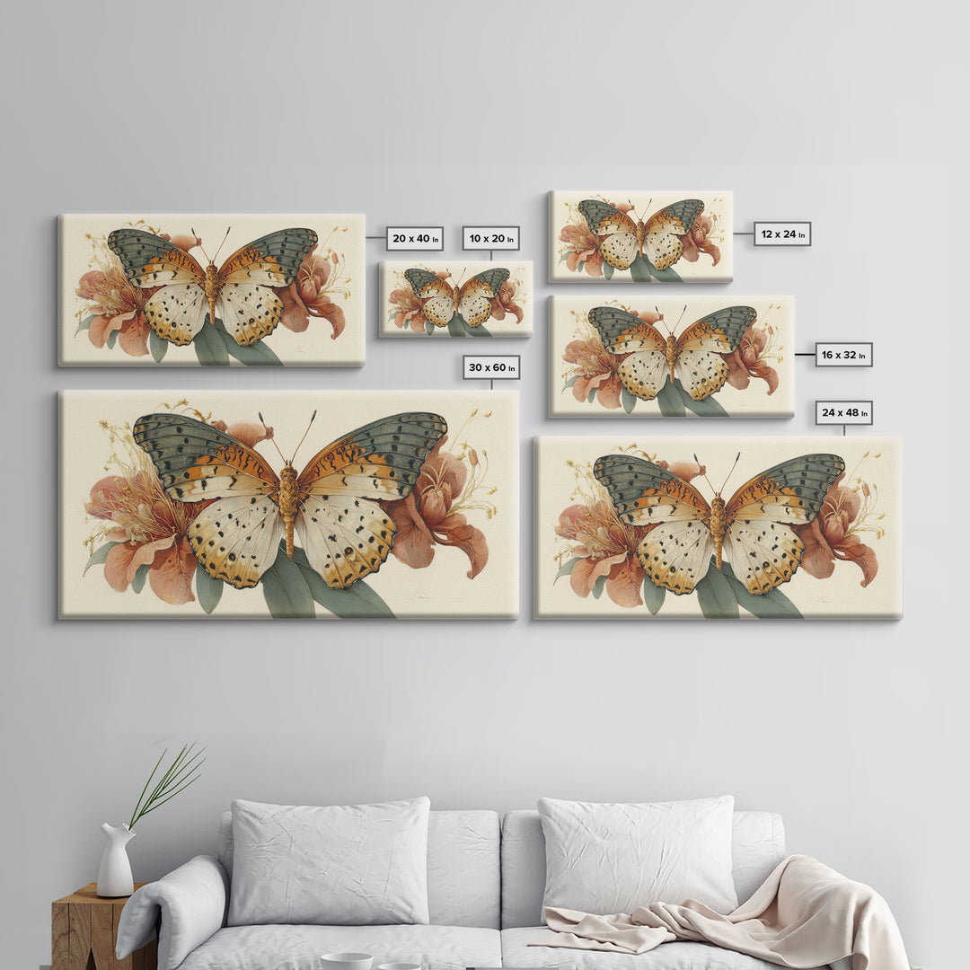 Tropical Butterfly and Flower Study Framed Canvas Print, Tropical Art, Digital Print, Living Room Decor, Fine Art, Tropic, TRO-2x1-91