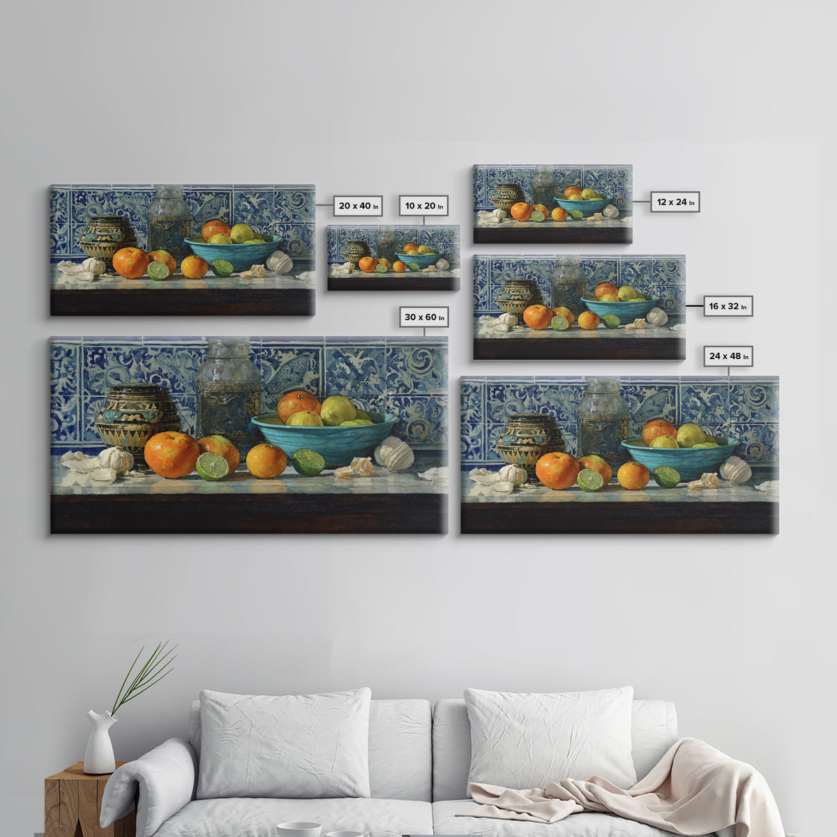 Bright Papaya and Lime Still Life Framed Canvas Print, Tropical Art, Watercolor Painting, Living Room Decor, Oil Painting, TRO-2x1-92