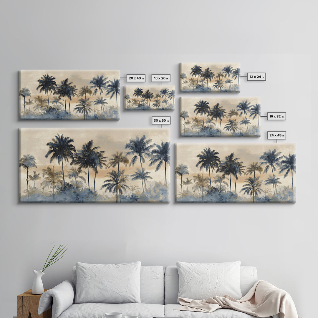 Palm Tree Silhouettes Framed Canvas Print, Tropical Art, Beach Decor, Living Room Decor, Oil Painting, Tropic, Fine Art Print, TRO-2x1-96