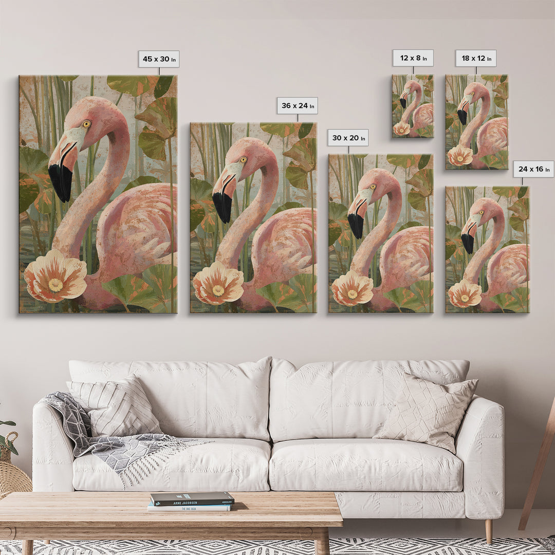 Pink Flamingos Among Tropical Water Plants Canvas Print, Tropical Art, Contemporary Art, Living Room Decor, Fine Art, Tropic, TRO-2x3-10