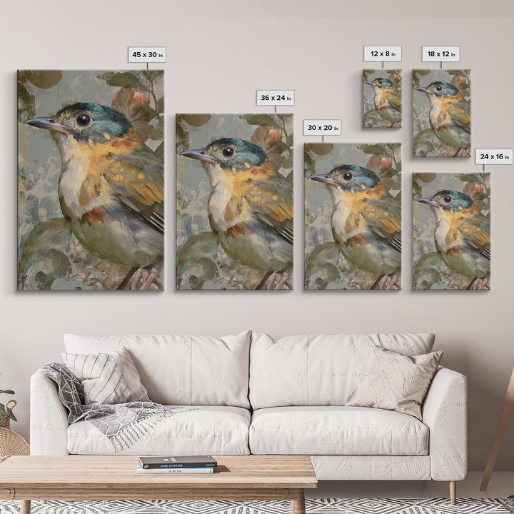 Colorful Jungle Bird Pattern Framed Canvas Print, Tropical Art, Print, Living Room Decor, Fine Art, Tropic, Coastal Wall Art, TRO-2x3-100