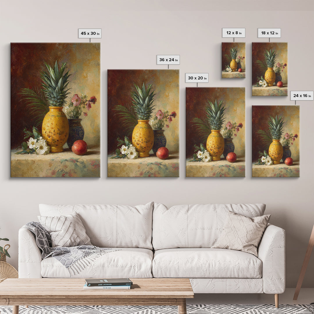 Pineapple and Palm Still Life Canvas Print, Tropical Art, Wall Art, Living Room Decor, Oil Painting, Tropic, Pink Wall Art, TRO-2x3-14