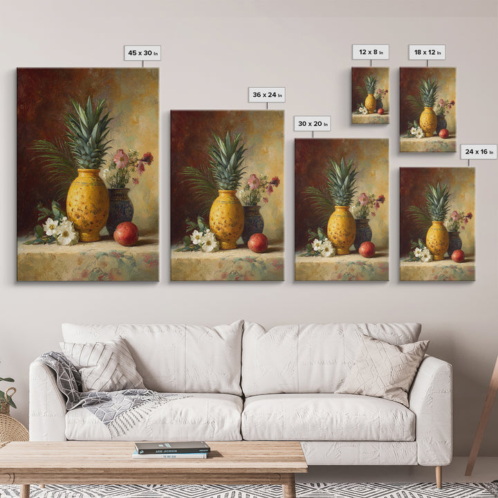 Pineapple and Palm Still Life Canvas Print, Tropical Art, Wall Art, Living Room Decor, Oil Painting, Tropic, Pink Wall Art, TRO-2x3-14