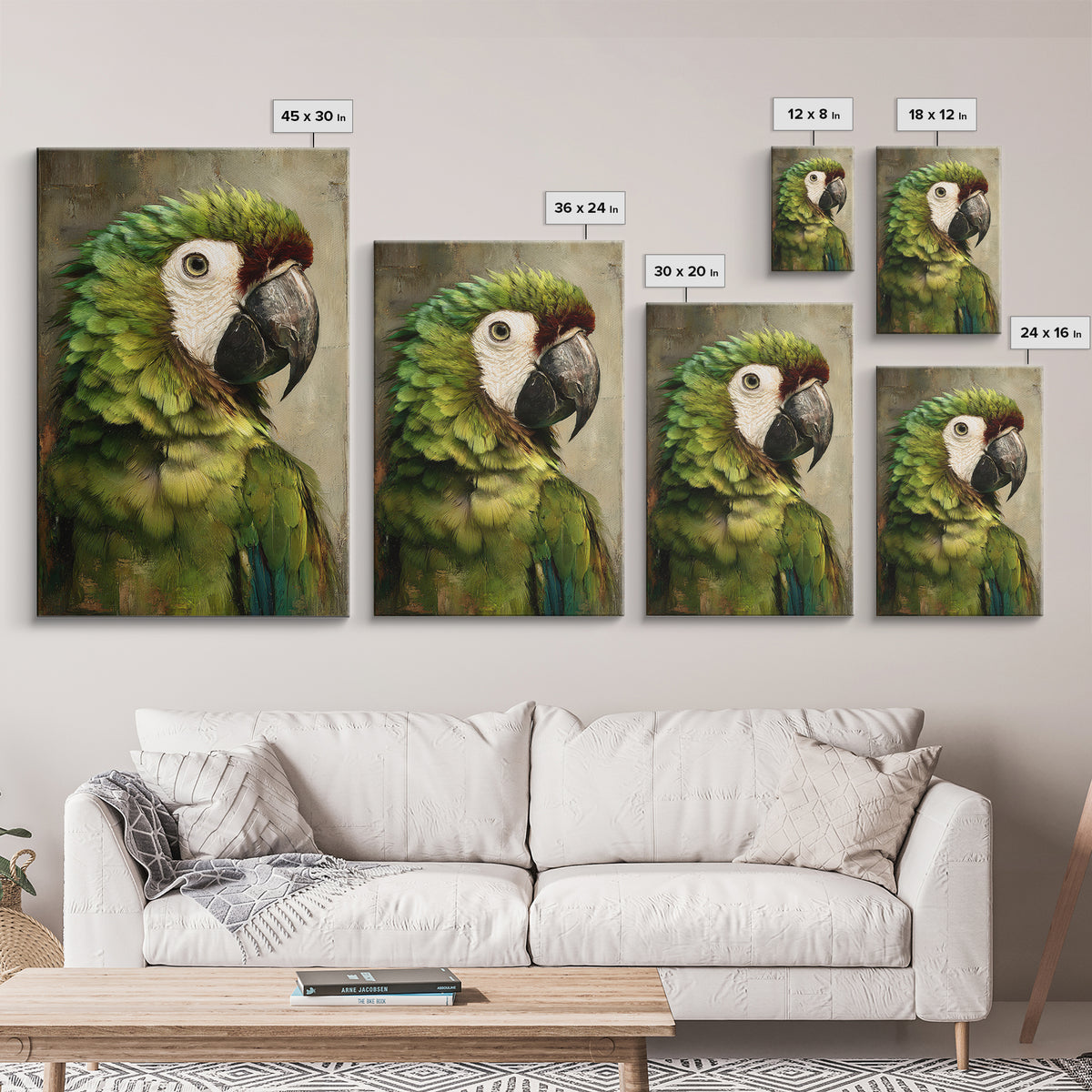 Parrot Portrait with Emerald Feathers Canvas Print, Tropical Art, Gallery Decor, Living Room Decor, Fine Art, Tropic, TRO-2x3-16