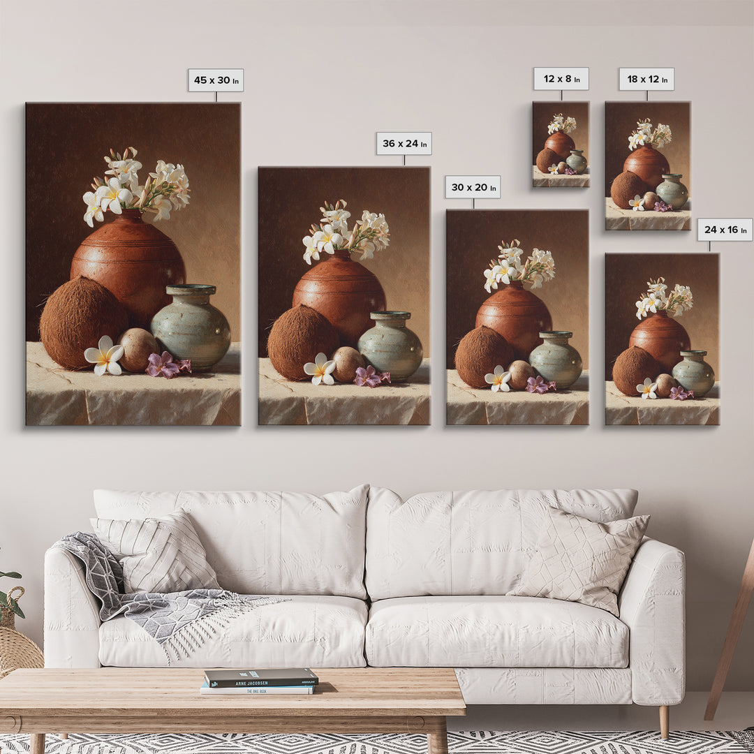 Coconut and Plumeria Still Life Framed Canvas Print, Tropical Art, Watercolor Painting, Living Room Decor, Oil Painting, Tropic, TRO-2x3-20