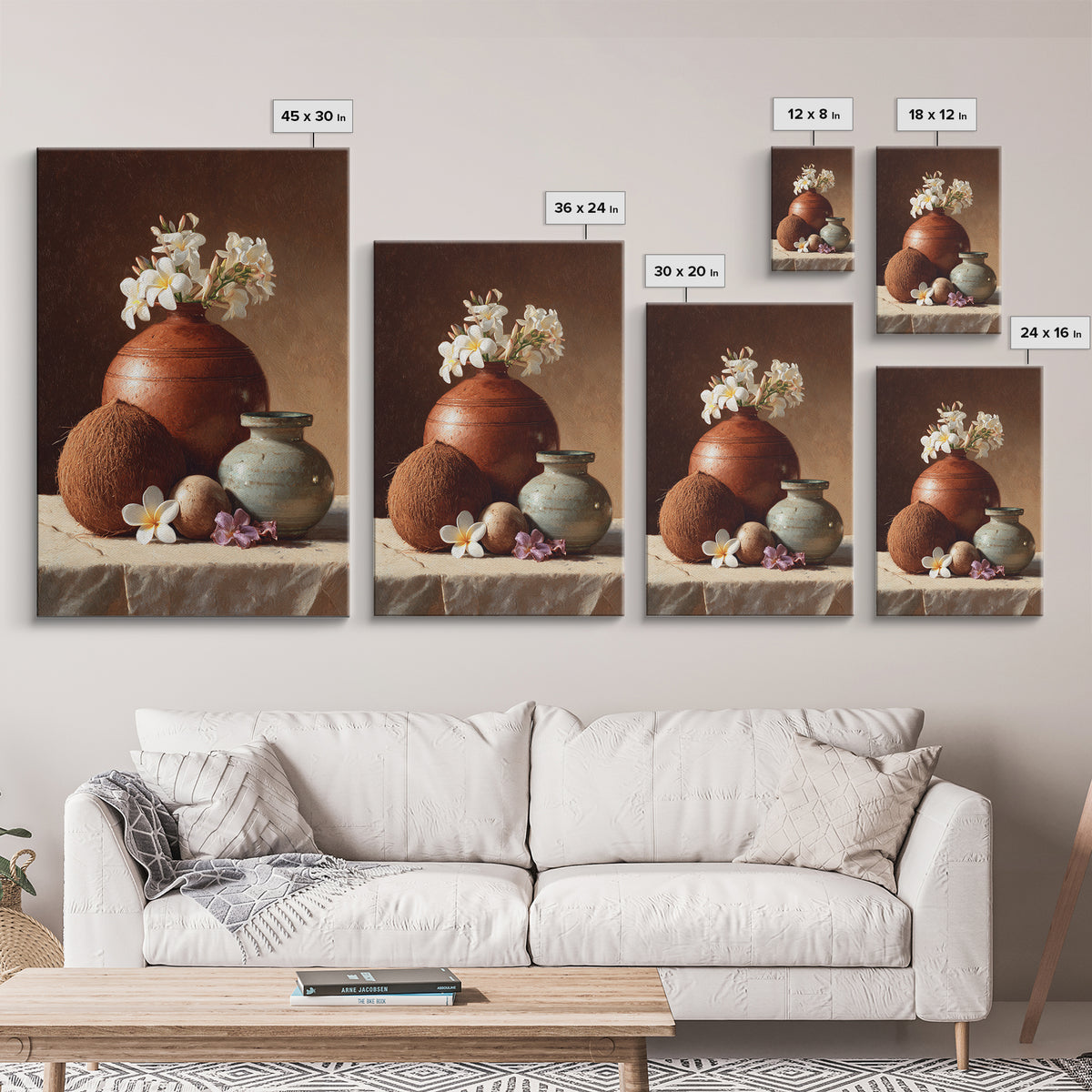 Coconut and Plumeria Still Life Framed Canvas Print, Tropical Art, Watercolor Painting, Living Room Decor, Oil Painting, Tropic, TRO-2x3-20