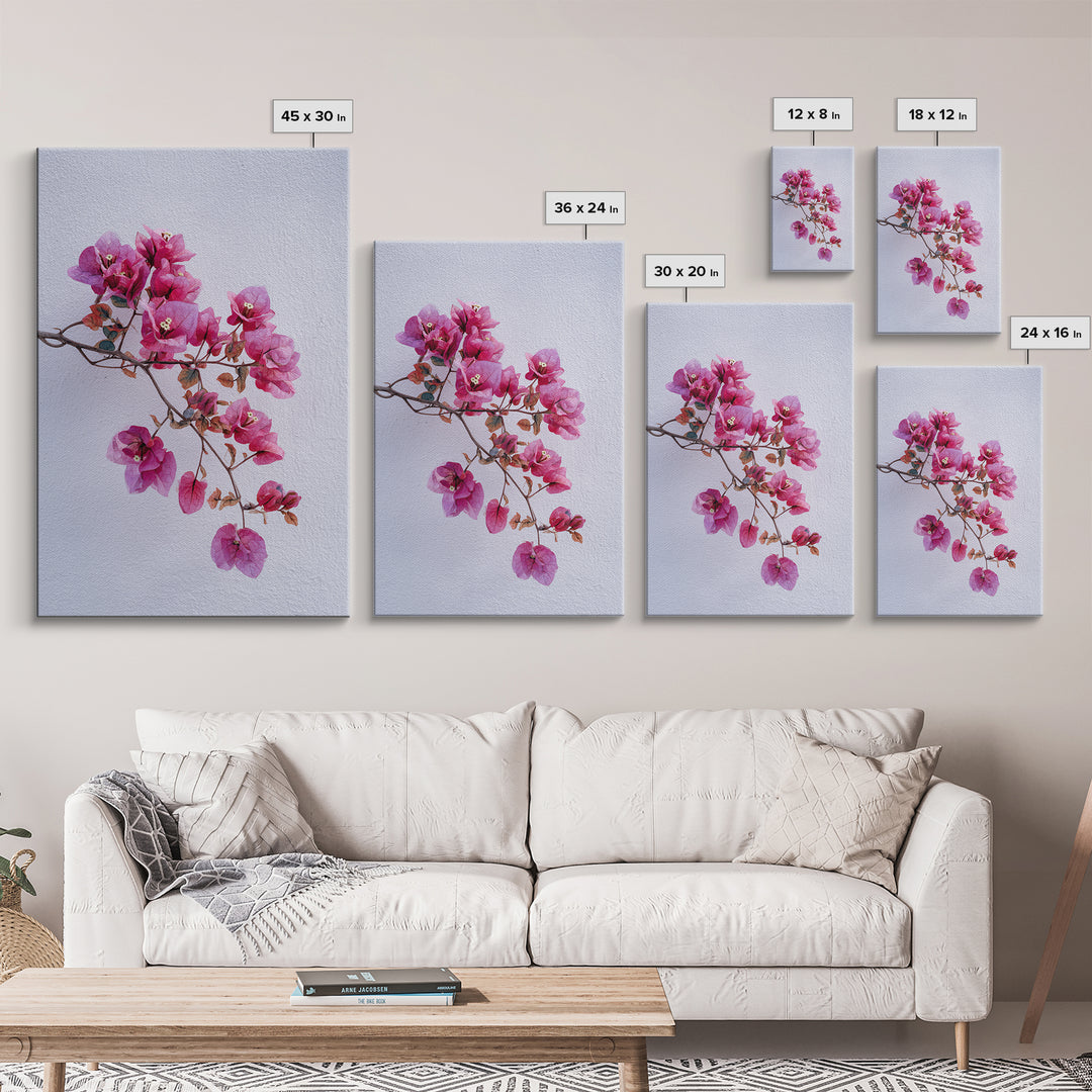 Pink Bougainvillea over White Wall Framed Canvas Print, Tropical Art, Modern Decor, Living Room Decor, Fine Art, Tropic, TRO-2x3-24