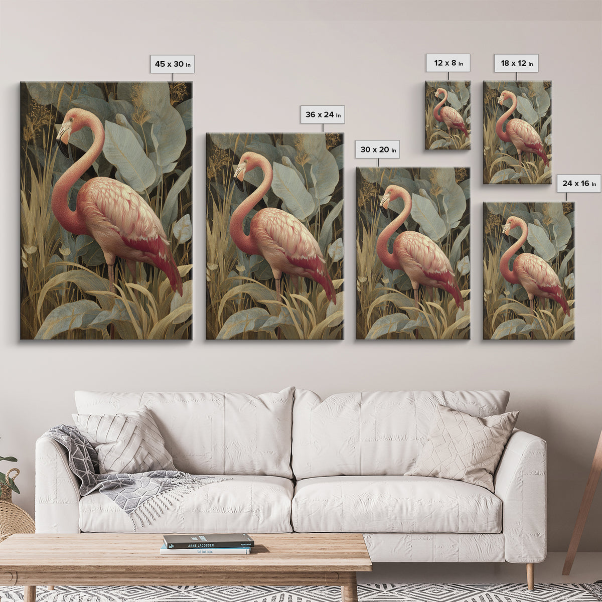 Pink Flamingos Among Tropical Water Plants Framed Canvas Print, Tropical Art, Print, Living Room Decor, Fine Art, Tropic, TRO-2x3-34