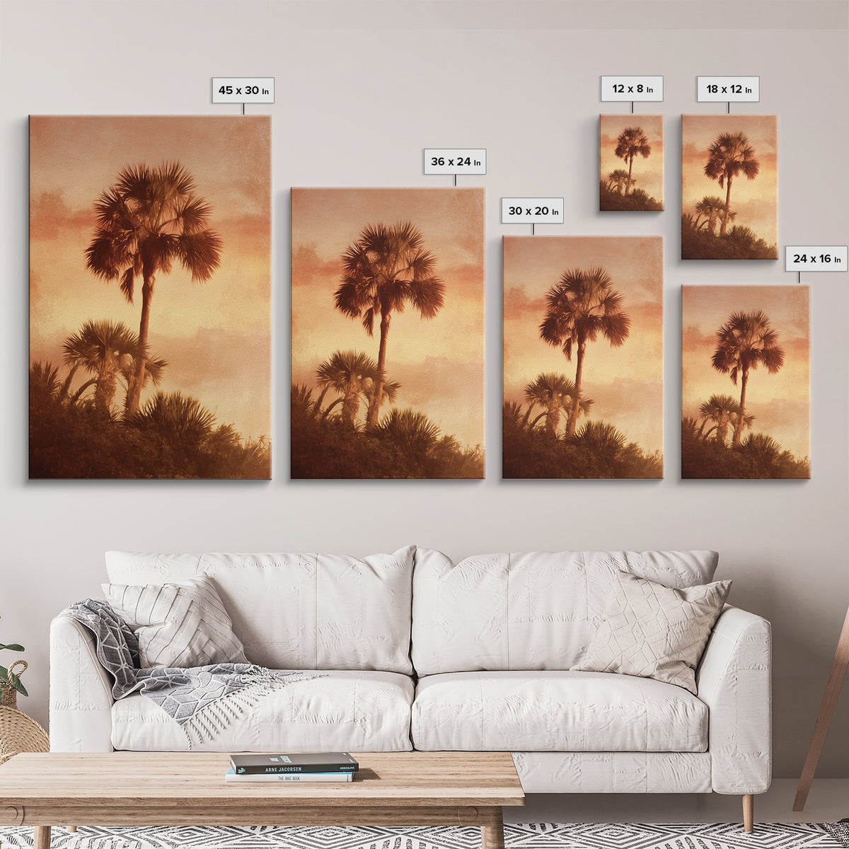 Palm Tree Silhouettes Framed Canvas Print, Tropical Art, Beach Prints, Living Room Decor, Watercolor Art, Tropic, TRO-2x3-36