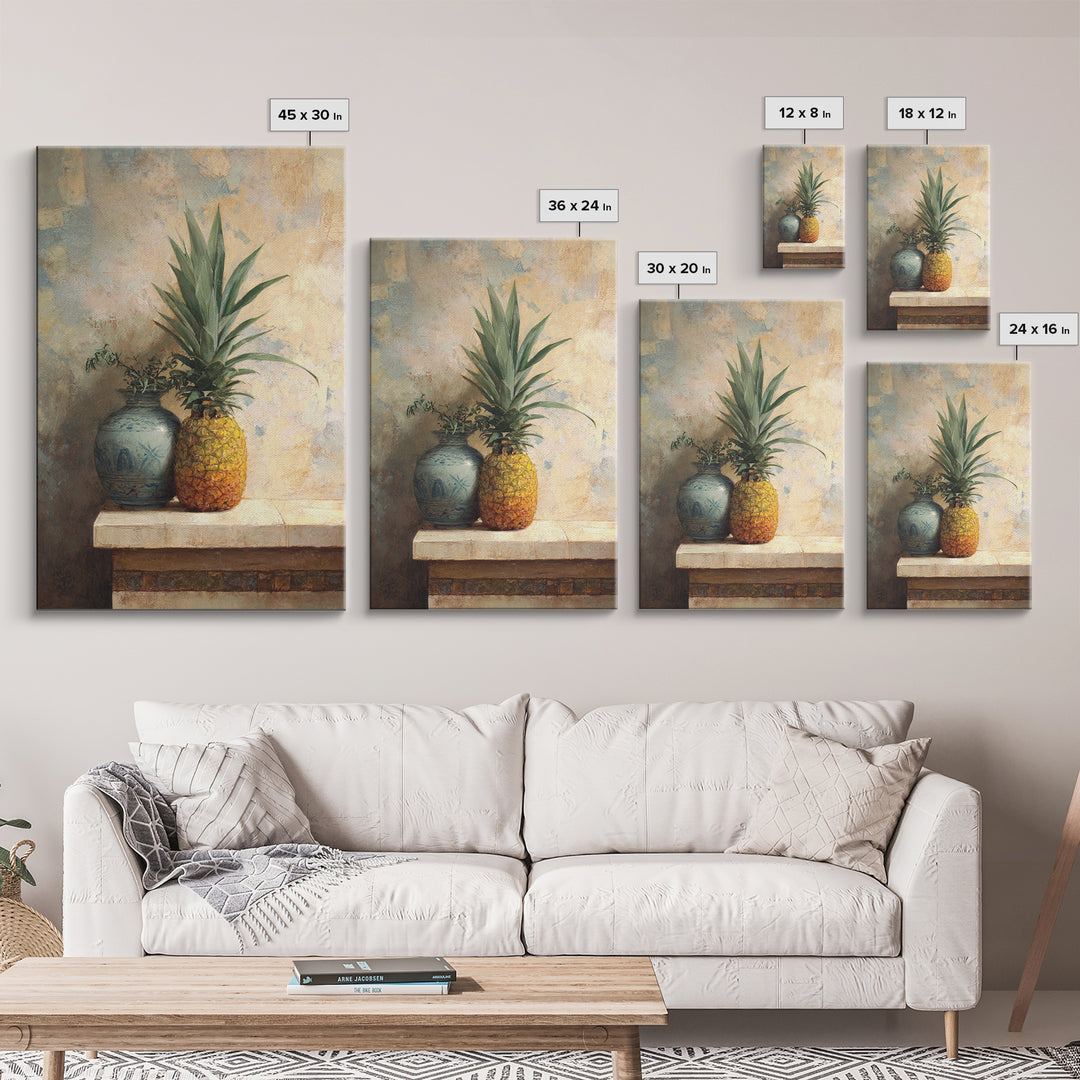 Pineapple and Palm Still Life Framed Canvas Print, Tropical Art, Art Print, Living Room Decor, Tropic, Abstract Painting, TRO-2x3-38