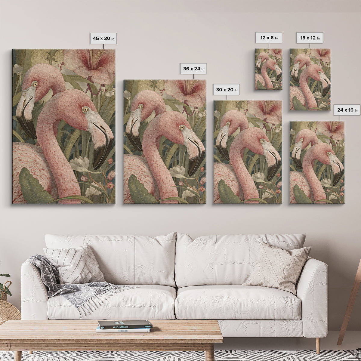 Pink Flamingos Among Tropical Water Plants Canvas Print, Tropical Art, Digital Print, Living Room Decor, Fine Art, Tropic, TRO-2x3-58