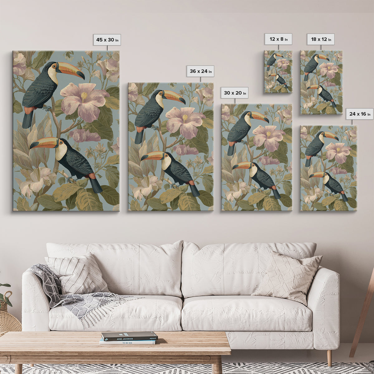 Toucans Surrounded by Bright Jungle Flowers Canvas Print, Tropical Art, Watercolor Painting, Living Room Decor, Tropic, TRO-2x3-59