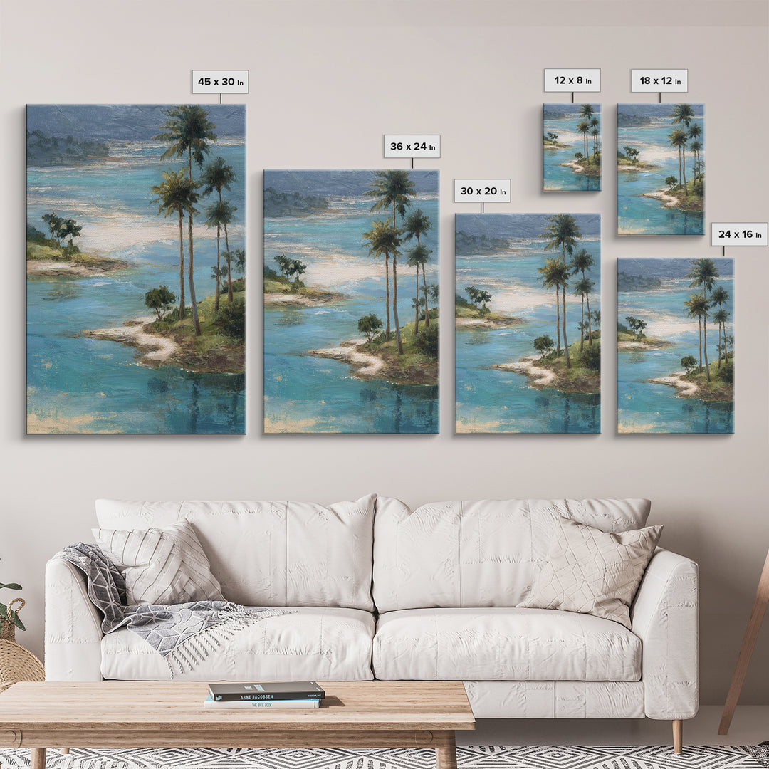 Tropical Lagoon with Turquoise Water Framed Canvas Print, Tropical Art, Bird Art, Living Room Decor, Watercolor Art, Tropic, TRO-2x3-63