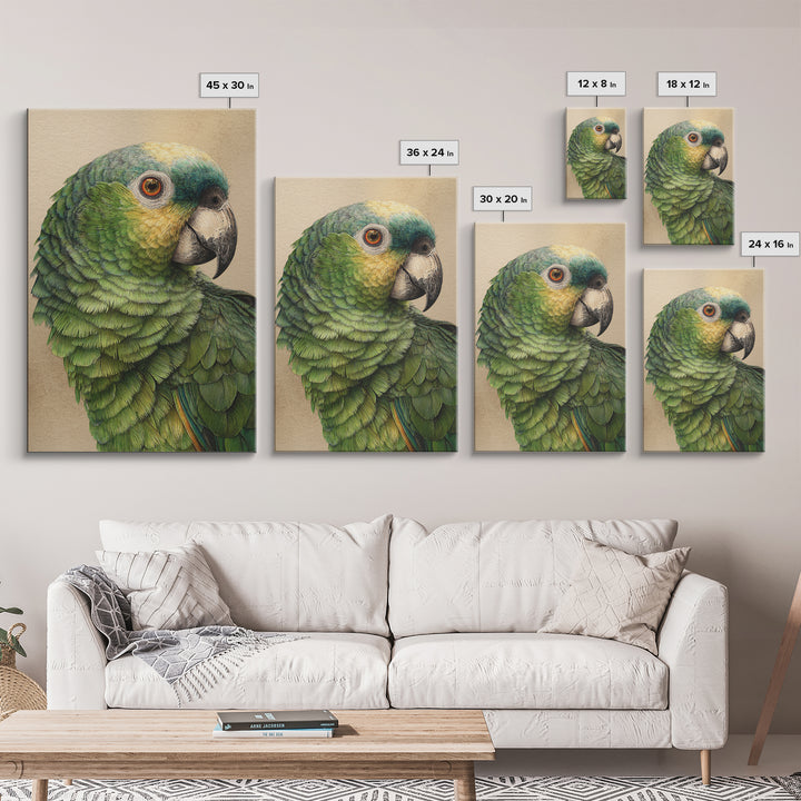 Parrot Portrait with Emerald Feathers Framed Canvas Print, Tropical Art, Print, Living Room Decor, Oil Painting, Tropic, TRO-2x3-64