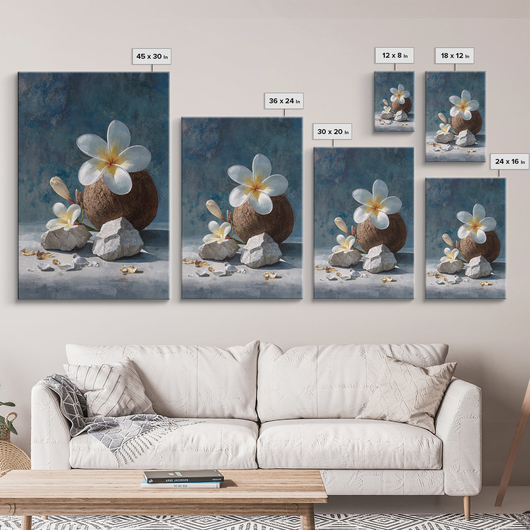 Coconut and Plumeria Still Life Framed Canvas Print, Tropical Art, Coastal Wall Art, Living Room Decor, Fine Art, Tropic, TRO-2x3-68