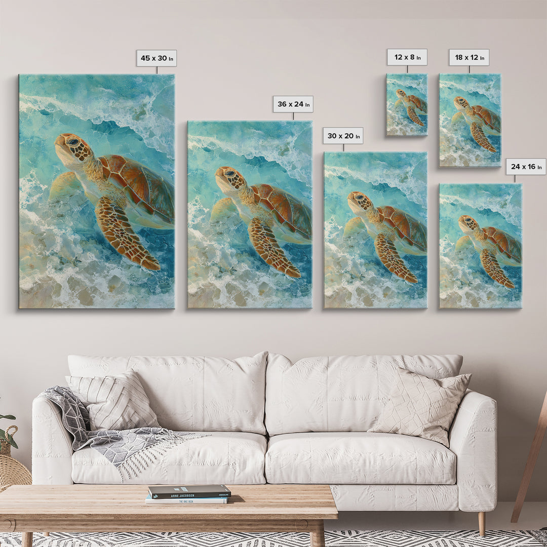 Sea Turtle Near Tropical Reef Framed Canvas Print, Tropical Art, Abstract Painting, Living Room Decor, Fine Art, Tropic, TRO-2x3-75