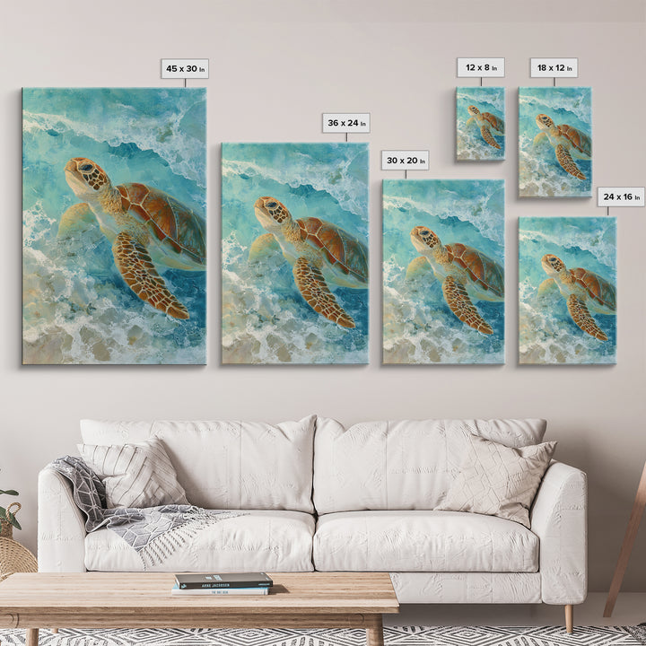 Sea Turtle Near Tropical Reef Framed Canvas Print, Tropical Art, Abstract Painting, Living Room Decor, Fine Art, Tropic, TRO-2x3-75
