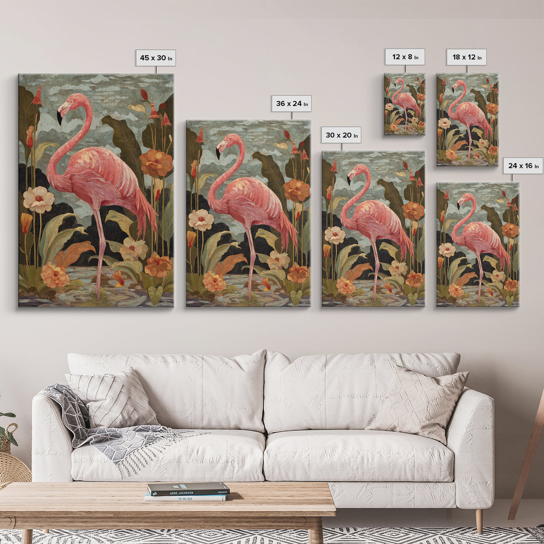 Pink Flamingos Among Tropical Water Plants Canvas Print, Tropical Art, Digital Print, Living Room Decor, Fine Art, Tropic, TRO-2x3-82