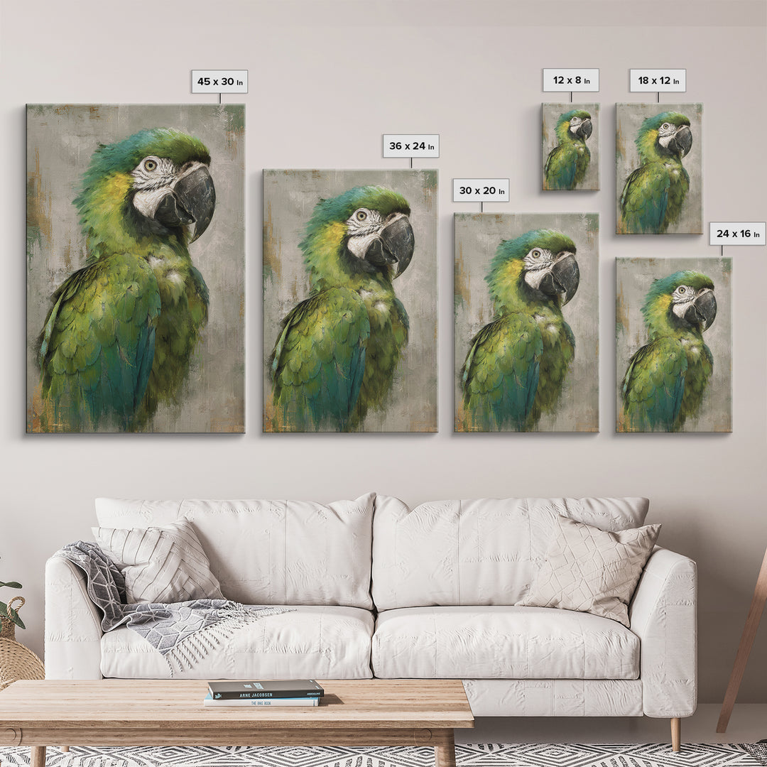 Parrot Portrait with Emerald Feathers Framed Canvas Print, Tropical Art, Set of 3 Prints, Living Room Decor, Fine Art, Tropic, TRO-2x3-88