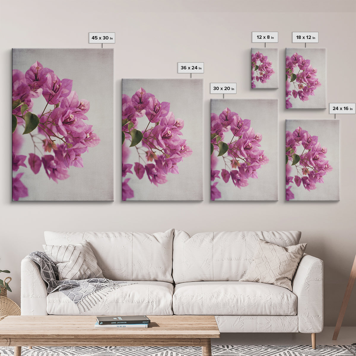 Pink Bougainvillea over White Wall Canvas Print, Tropical Art, Abstract Painting, Living Room Decor, Fine Art, Tropic, TRO-2x3-96