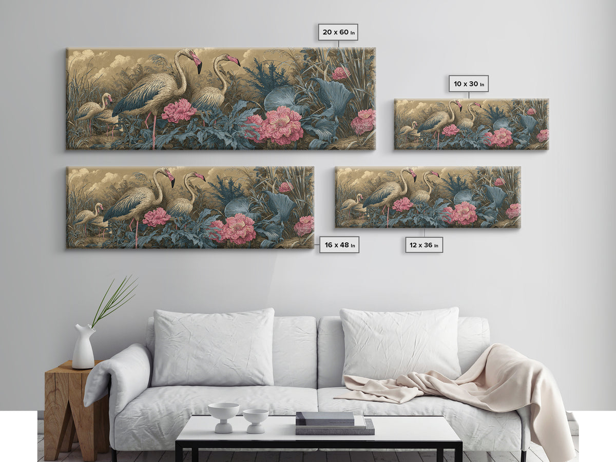 Pink Flamingos Among Tropical Water Plants Framed Canvas Print, Tropical Art, Oversized Wall Art, Living Room Decor, Tropic, TRO-3x1-18