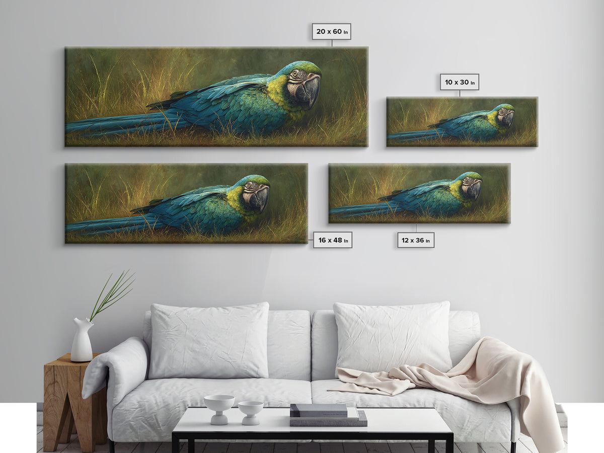 Parrot Portrait with Emerald Feathers Canvas Print, Tropical Art, Whimsical Art, Living Room Decor, Fine Art, Tropic, TRO-3x1-24