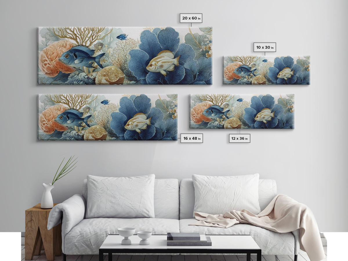 Tropical Fish over Coral Reef Framed Canvas Print, Tropical Art, Textured Painting, Living Room Decor, Fine Art, Tropic, TRO-3x1-27
