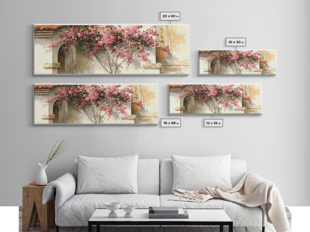Pink Bougainvillea over White Wall Framed Canvas Print, Tropical Art, Beach Prints, Living Room Decor, Watercolor Art, Tropic, TRO-3x1-32