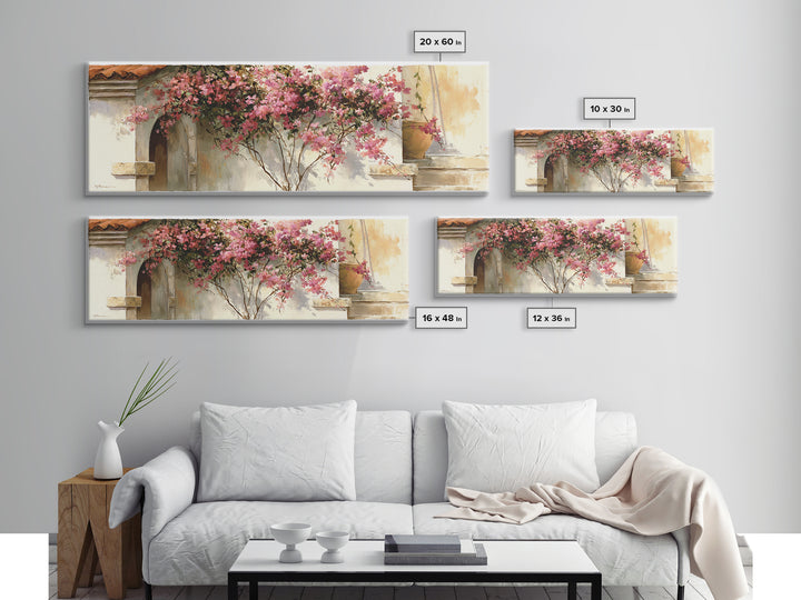 Pink Bougainvillea over White Wall Framed Canvas Print, Tropical Art, Beach Prints, Living Room Decor, Watercolor Art, Tropic, TRO-3x1-32