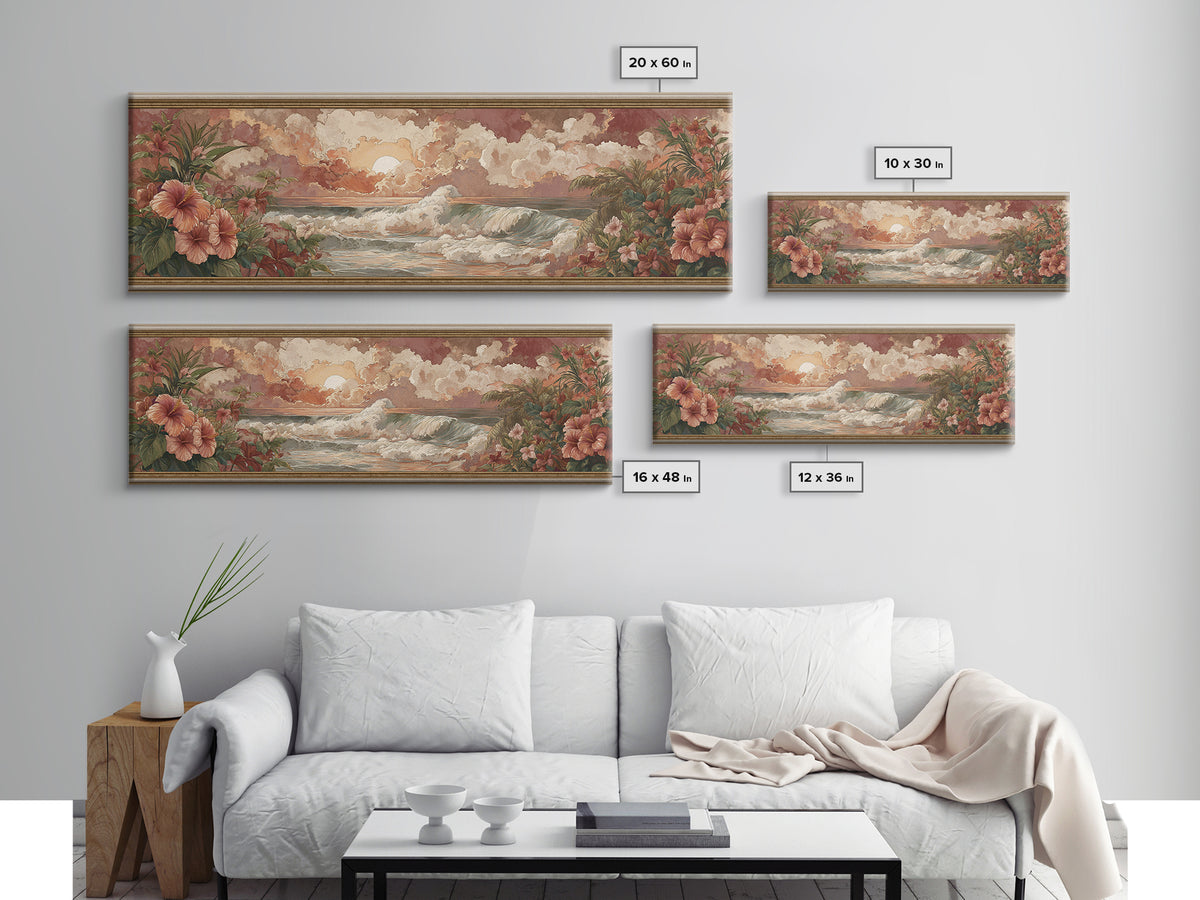 Sunset Surf Scene Canvas Print, Tropical Art, Pink Wall Art, Living Room Decor, Fine Art, Tropic, Coastal Art, Beach Print, TRO-3x1-38