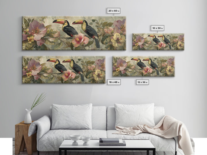 Toucans Surrounded by Bright Jungle Flowers Canvas Print, Tropical Art, Art Print, Living Room Decor, Fine Art, Tropic, TRO-3x1-43