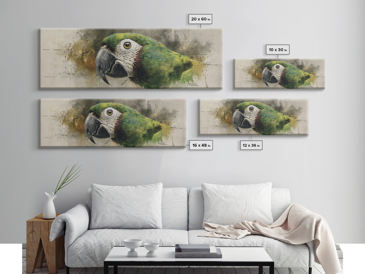 Parrot Portrait with Emerald Feathers Canvas Print, Tropical Art, Textured Painting, Living Room Decor, Fine Art, Tropic, TRO-3x1-48