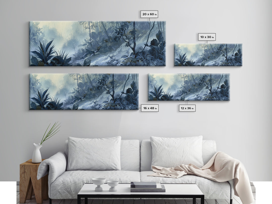 Jungle Waterfall with Misty Light Framed Canvas Print, Tropical Art, Bird Art, Living Room Decor, Watercolor Art, Tropic, TRO-3x1-5