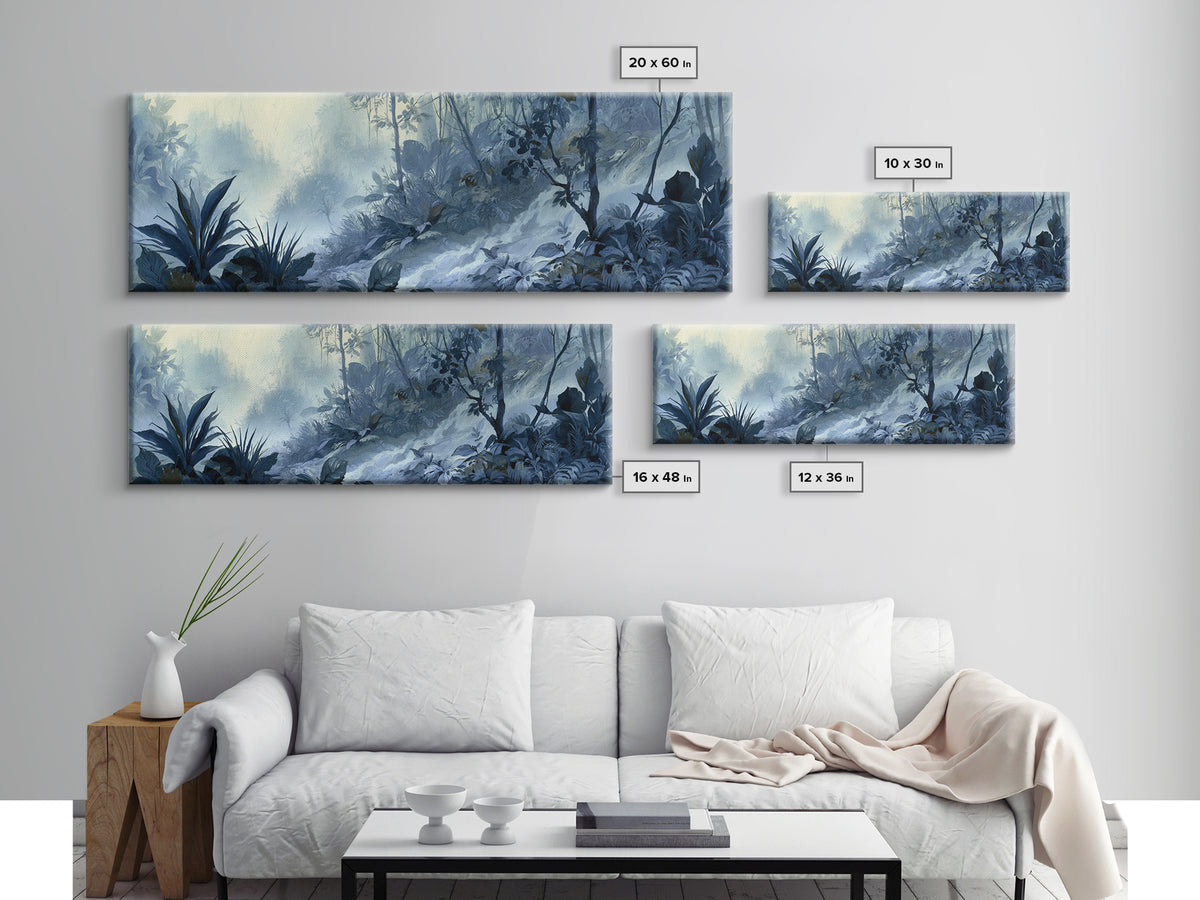 Jungle Waterfall with Misty Light Framed Canvas Print, Tropical Art, Bird Art, Living Room Decor, Watercolor Art, Tropic, TRO-3x1-5